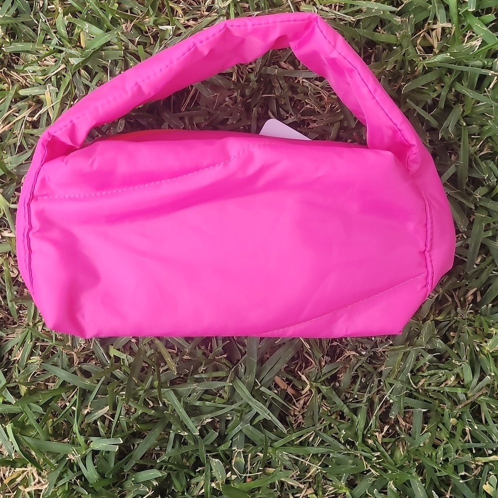 Benefit pink orange nylon puffy purse crescent shape makeup bag - Picture 2 of 7